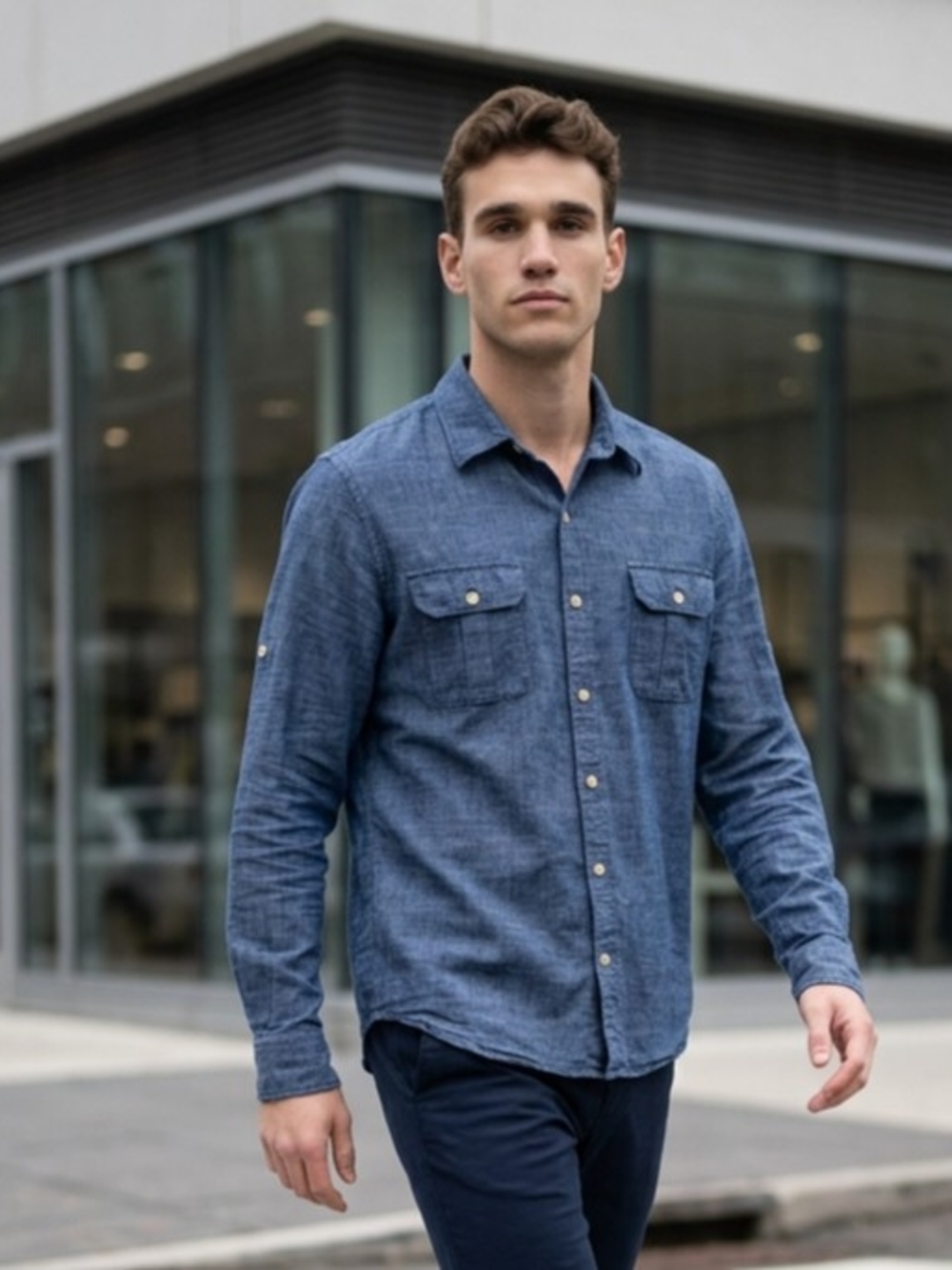 Y2K Fossil Blue Lightweight Denim Work Shirt Long-Sleeve Button-Down M